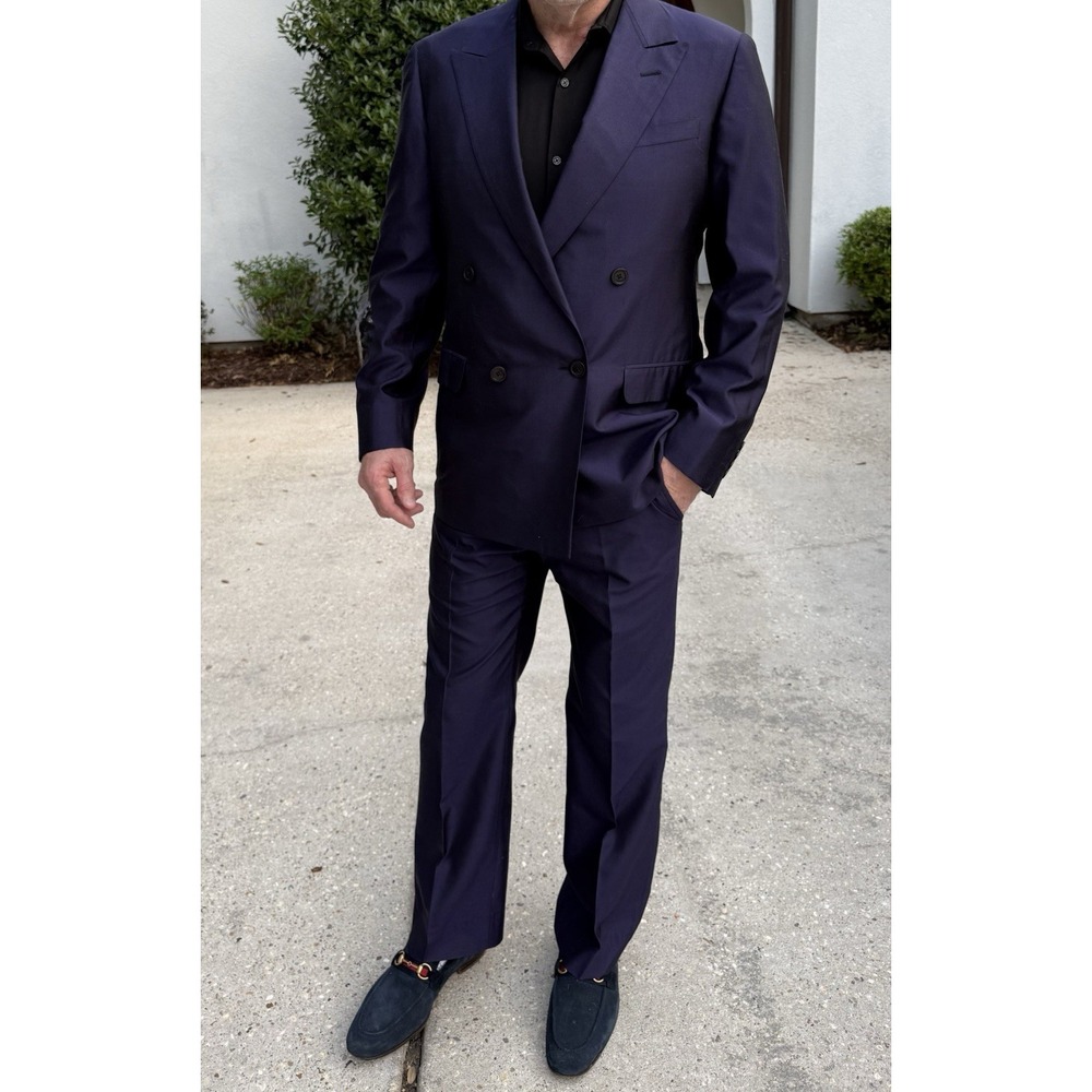 Vintage 90s Gianni Versace Couture 100% Silk Double Breasted Suit Purple Blue